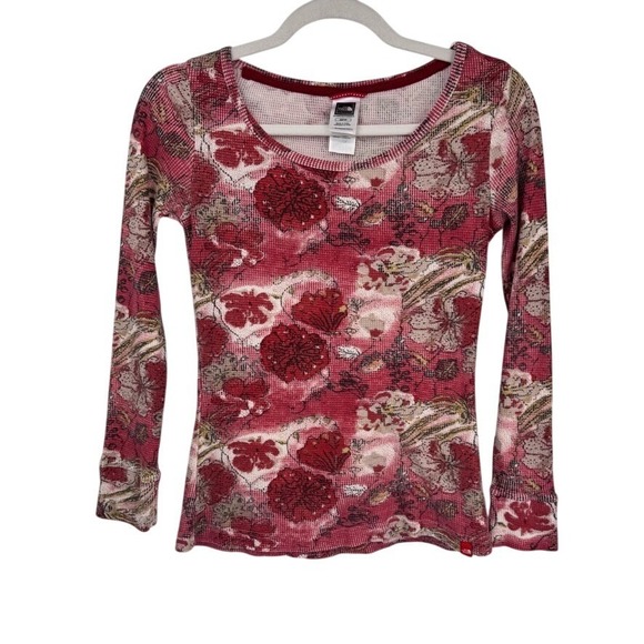 The North Face Tops - The North Face Thermal Top Womens XS Red Floral Cotton Blend Hiking Camping